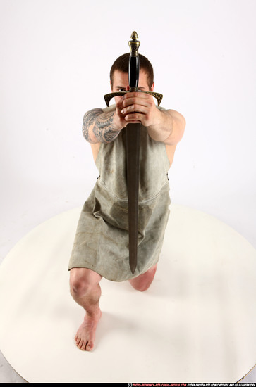 Man Adult Athletic White Fighting with sword Kneeling poses Army