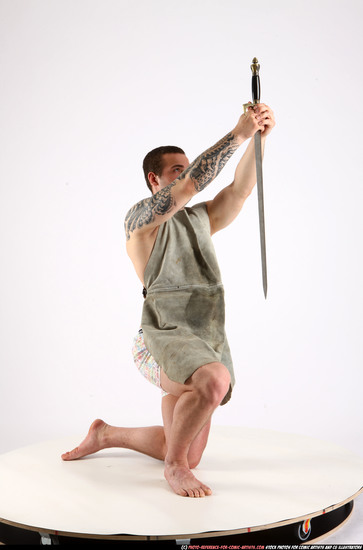 Man Adult Athletic White Fighting with sword Kneeling poses Army