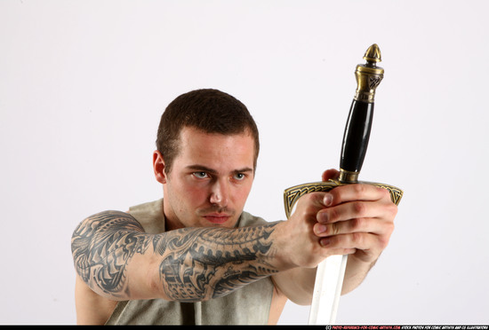 Man Adult Athletic White Fighting with sword Kneeling poses Army