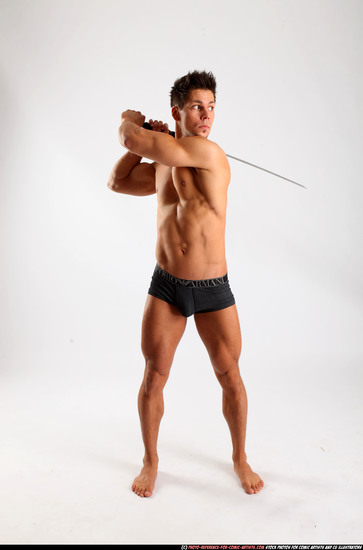 Man Adult Athletic White Fighting with sword Standing poses Underwear