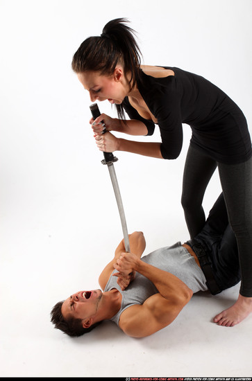 Man & Woman Adult Athletic White Fighting with sword Fight Casual