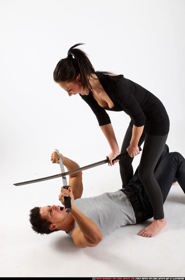 Man & Woman Adult Athletic White Fighting with sword Fight Casual