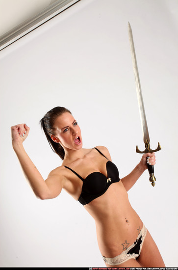 Woman Adult Athletic White Fighting with sword Standing poses Underwear