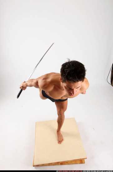 Man Adult Athletic White Fighting with sword Standing poses Underwear