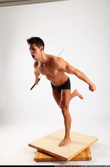 Man Adult Athletic White Fighting with sword Standing poses Underwear