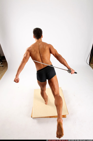 Man Adult Athletic White Fighting with sword Standing poses Underwear