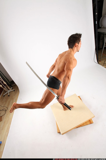 Man Adult Athletic White Fighting with sword Standing poses Underwear