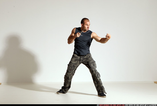 Man Adult Muscular White Fighting with knife Moving poses Army