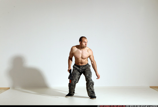 Man Adult Muscular White Fighting with submachine gun Moving poses Pants