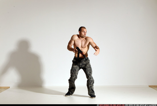 Man Adult Muscular White Fighting with submachine gun Moving poses Pants