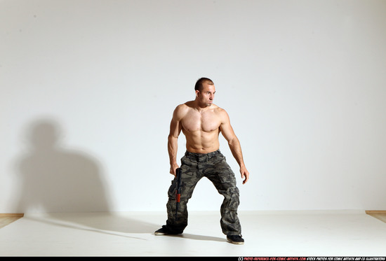 Man Adult Muscular White Fighting with submachine gun Moving poses Pants