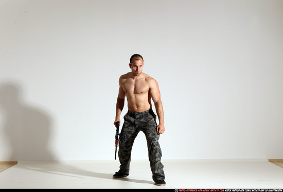 Man Adult Muscular White Fighting with submachine gun Moving poses Pants