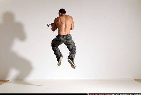 Man Adult Muscular White Fighting with submachine gun Moving poses Pants