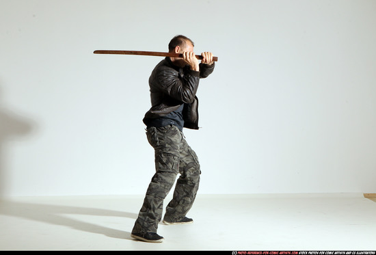 Man Adult Athletic White Fighting with sword Moving poses Casual