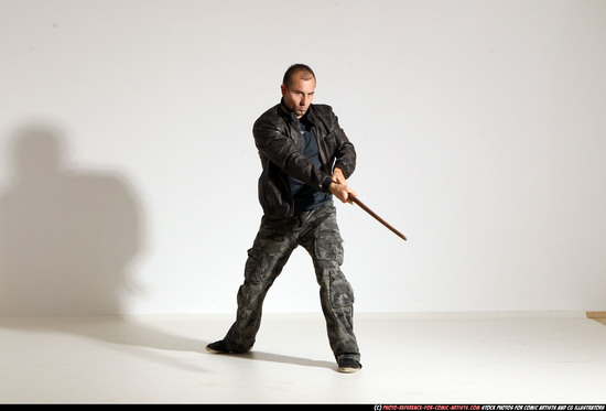 Man Adult Athletic White Fighting with sword Moving poses Casual