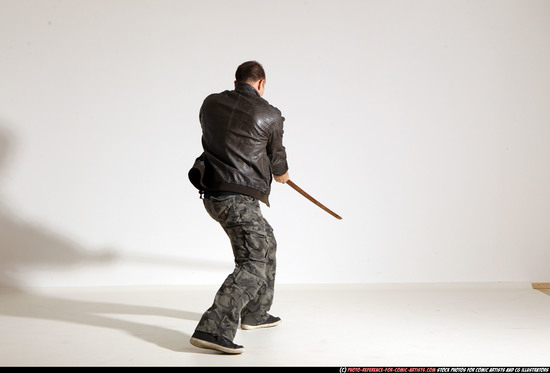 Man Adult Athletic White Fighting with sword Moving poses Casual