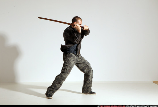 Man Adult Athletic White Fighting with sword Moving poses Casual