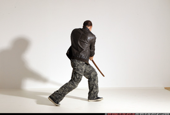 Man Adult Athletic White Fighting with sword Moving poses Casual