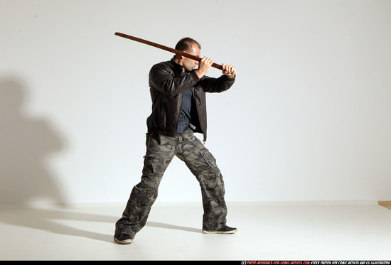 Man Adult Athletic White Fighting with sword Moving poses Casual