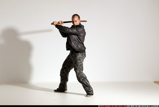 Man Adult Athletic White Fighting with sword Moving poses Casual