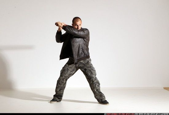 Man Adult Athletic White Fighting with sword Moving poses Casual