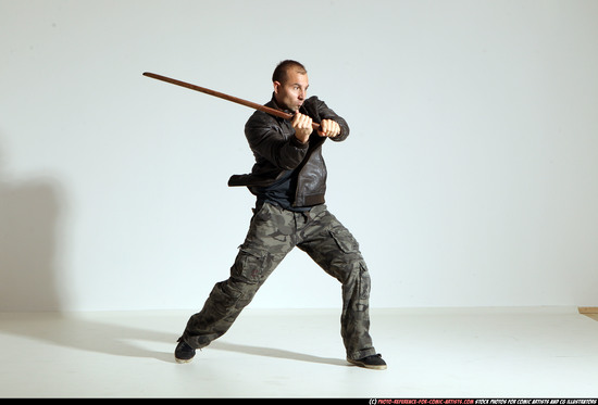 Man Adult Athletic White Fighting with sword Moving poses Casual