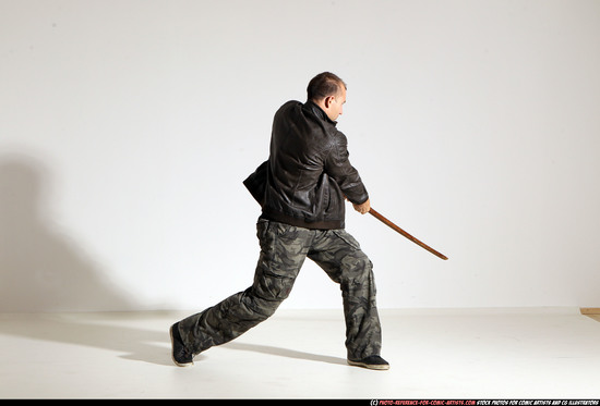 Man Adult Athletic White Fighting with sword Moving poses Casual