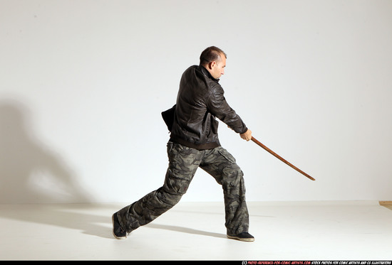 Man Adult Athletic White Fighting with sword Moving poses Casual