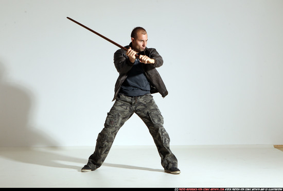 Man Adult Athletic White Fighting with sword Moving poses Casual