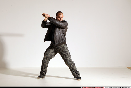 Man Adult Athletic White Fighting with sword Moving poses Casual