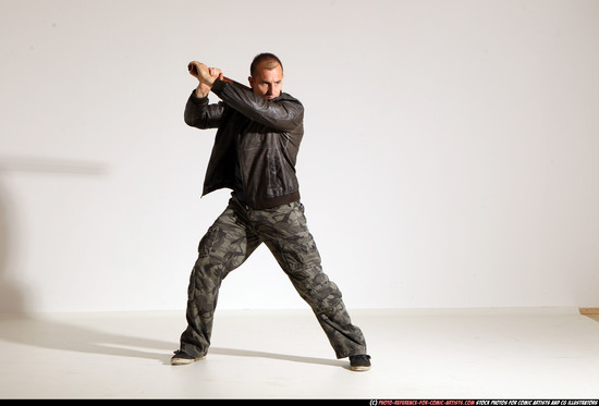 Man Adult Athletic White Fighting with sword Moving poses Casual