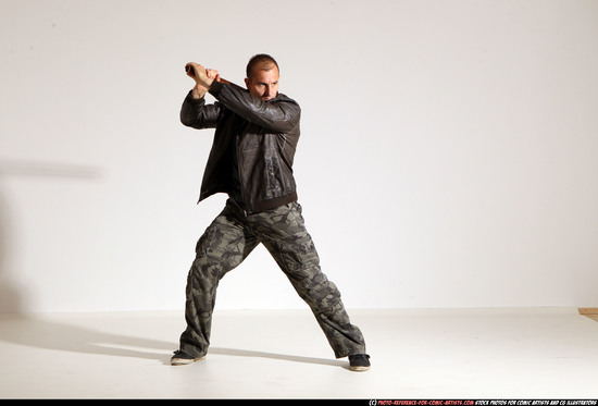 Man Adult Athletic White Fighting with sword Moving poses Casual