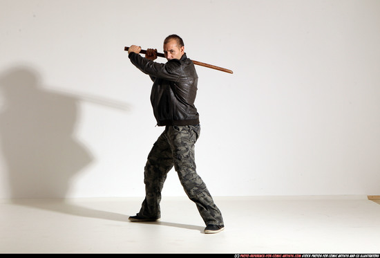 Man Adult Athletic White Fighting with sword Moving poses Casual