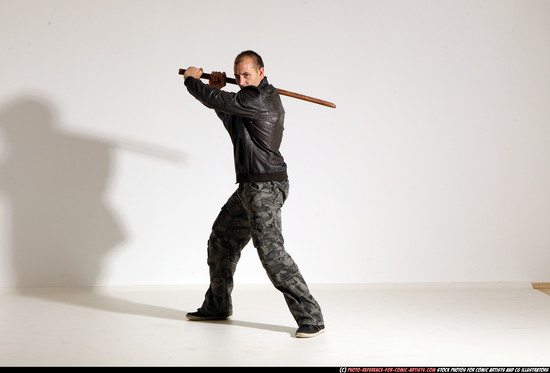 Man Adult Athletic White Fighting with sword Moving poses Casual