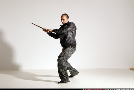 Man Adult Athletic White Fighting with sword Moving poses Casual