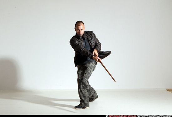 Man Adult Athletic White Fighting with sword Moving poses Casual