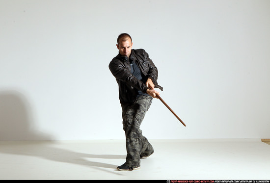 Man Adult Athletic White Fighting with sword Moving poses Casual