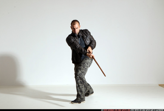 Man Adult Athletic White Fighting with sword Moving poses Casual