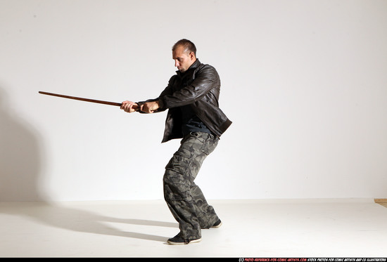 Man Adult Athletic White Fighting with sword Moving poses Casual