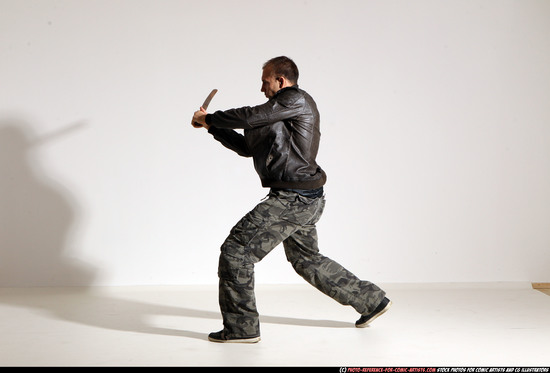 Man Adult Athletic White Fighting with sword Moving poses Casual