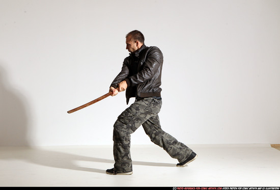 Man Adult Athletic White Fighting with sword Moving poses Casual