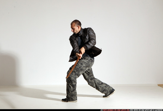 Man Adult Athletic White Fighting with sword Moving poses Casual