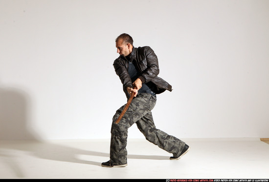 Man Adult Athletic White Fighting with sword Moving poses Casual