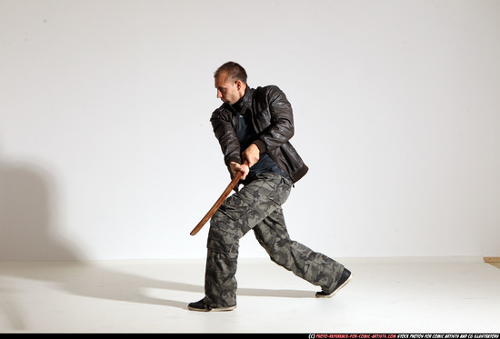 Man Adult Athletic White Fighting with sword Moving poses Casual