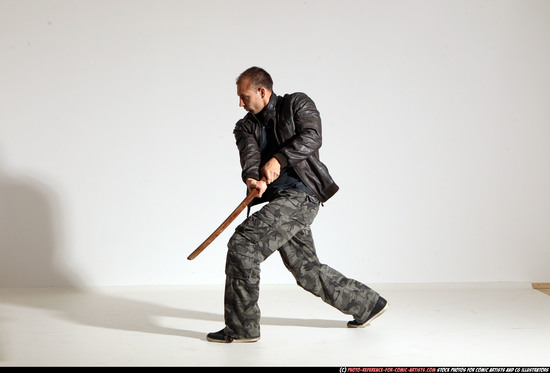 Man Adult Athletic White Fighting with sword Moving poses Casual