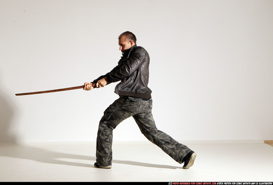 Man Adult Athletic White Fighting with sword Moving poses Casual