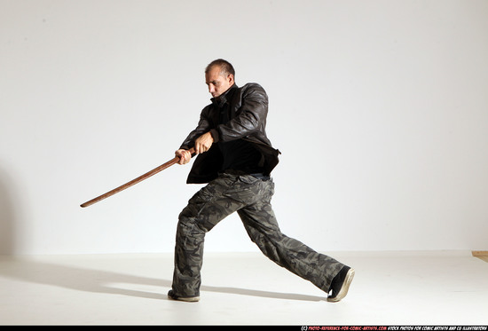 Man Adult Athletic White Fighting with sword Moving poses Casual