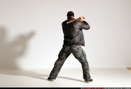 Man Adult Athletic White Fighting with sword Moving poses Casual