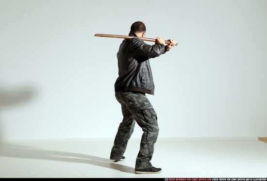 Man Adult Athletic White Fighting with sword Moving poses Casual