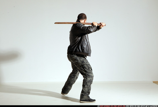 Man Adult Athletic White Fighting with sword Moving poses Casual